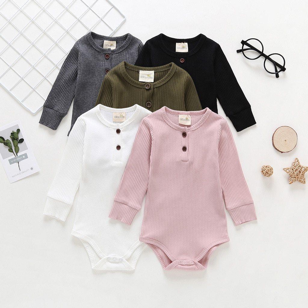 Stevvex ribbed baby bodysuits set in gray, olive, black, white, pink; 5-color one-pieces on Tampa Home & Garden Store