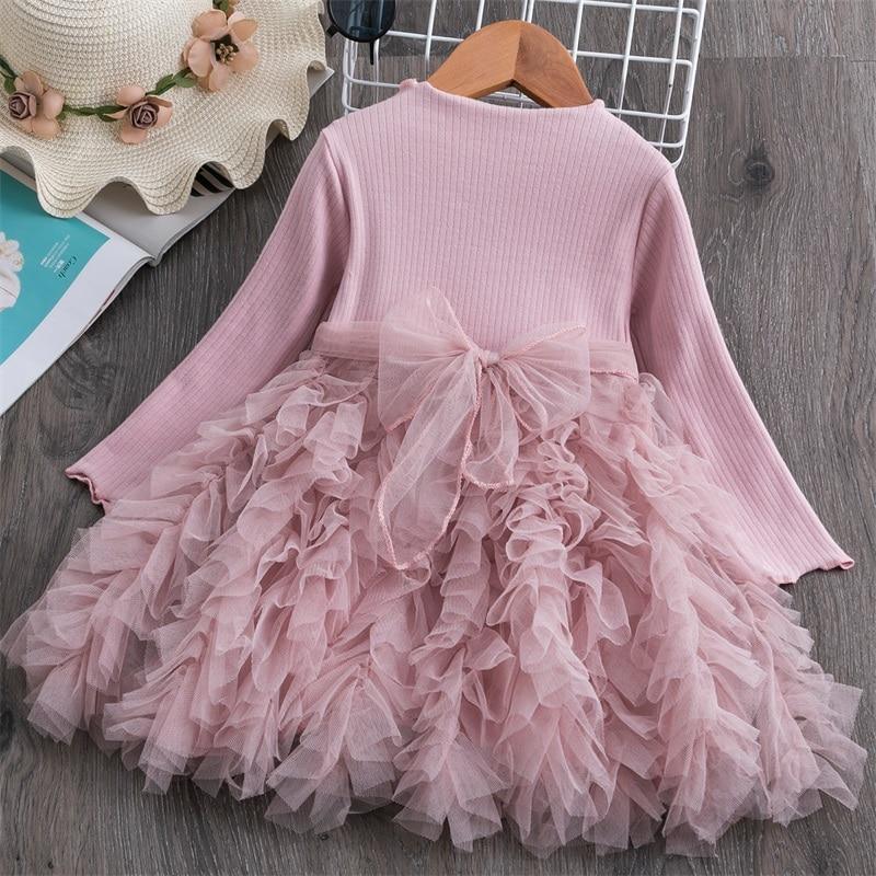 Stevvex pink knit long-sleeve baby girls dress with layered tulle tutu bow for 1-5 years on Tampa Home & Garden Store