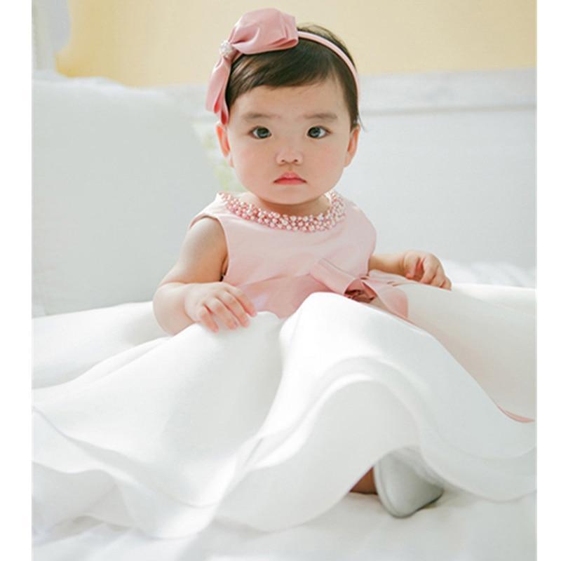 Stevvex baby dress pink christening gown with pearl neckline and headband on Tampa Home & Garden Store