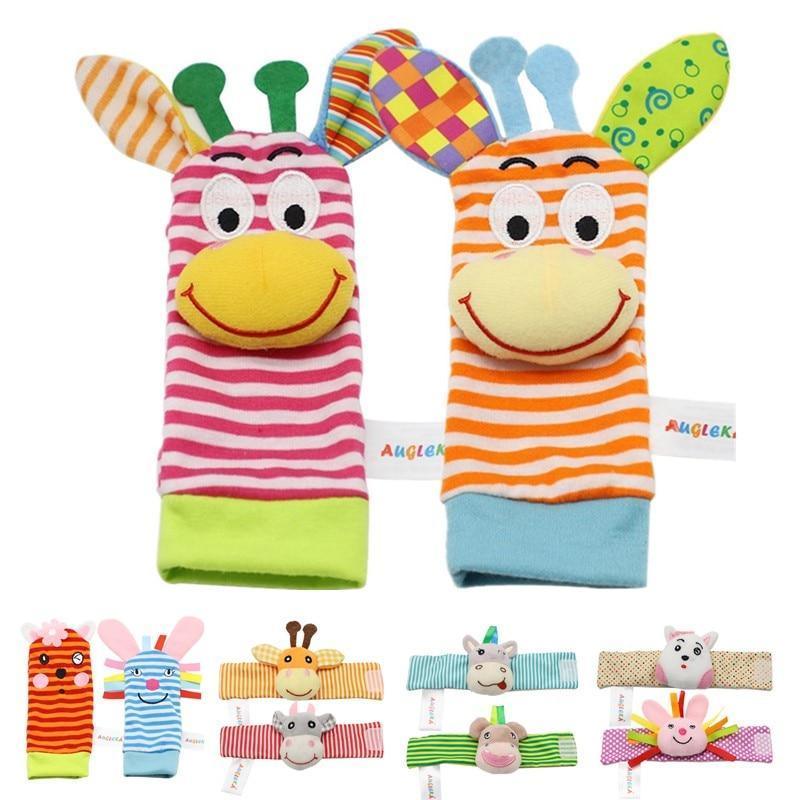 Colorful wrist rattles pair by Stevvex, striped sock toys with smiling faces for babies on Tampa Home & Garden Store
