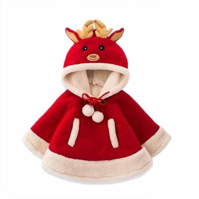 Reindeer hooded baby parka by Stevvex in red with cream faux fur trim and antler hood on Tampa Home & Garden Store