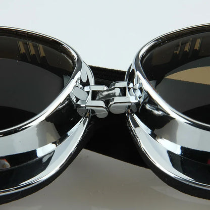 BikerZoneZ motorcycle goggles chrome frame, black lenses, vintage windproof UV protection on Tampa Home & Garden Store