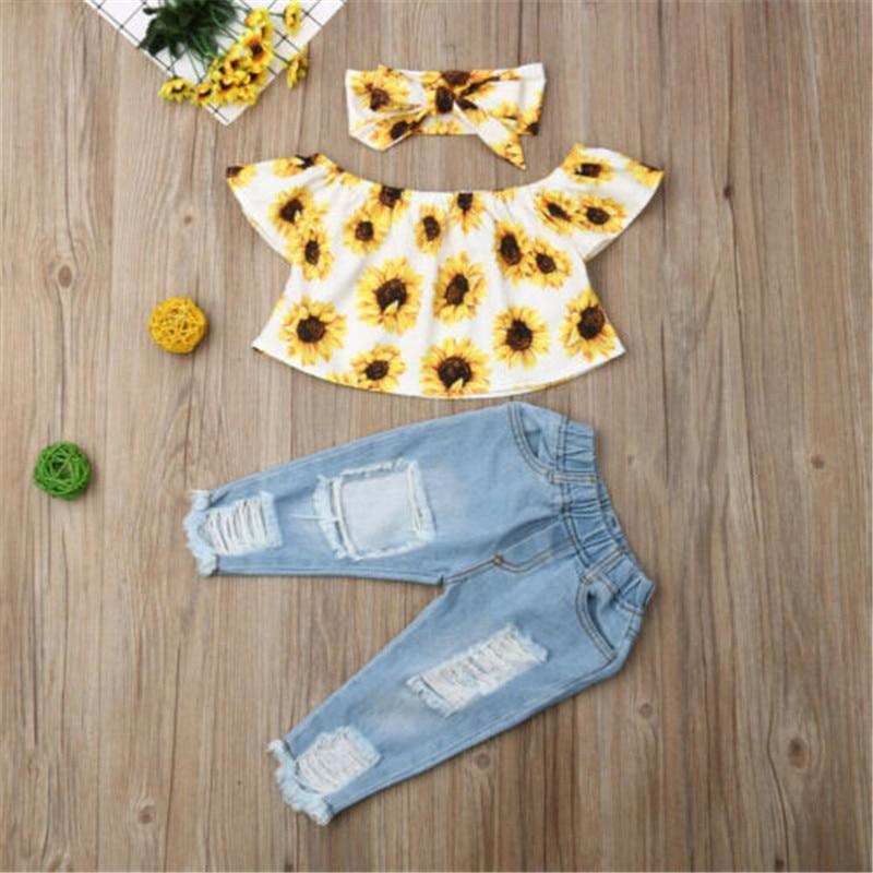3-piece baby outfit: sunflower top, denim pants, matching bow headband Stevvex on Tampa Home & Garden Store