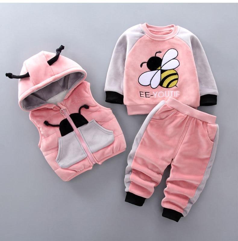 Stevvex baby 3-piece winter outfit: pink gray hooded vest, pants, and bee graphic sweater on Tampa Home & Garden Store