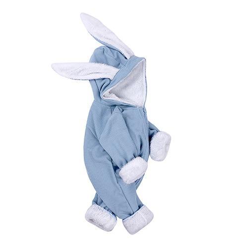 Blue rabbit-ear hooded baby romper with white fur trim, Stevvex newborn unisex one-piece on Tampa Home & Garden Store