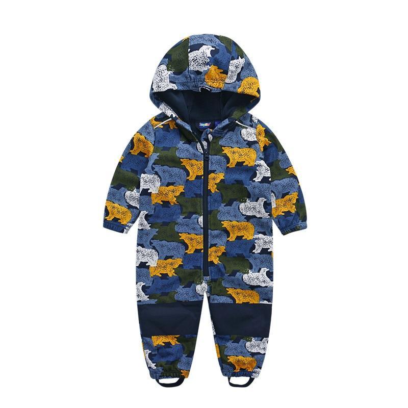 Stevvex kids' hooded ski suit in blue camouflage print with full zip and ankle straps on Tampa Home & Garden Store