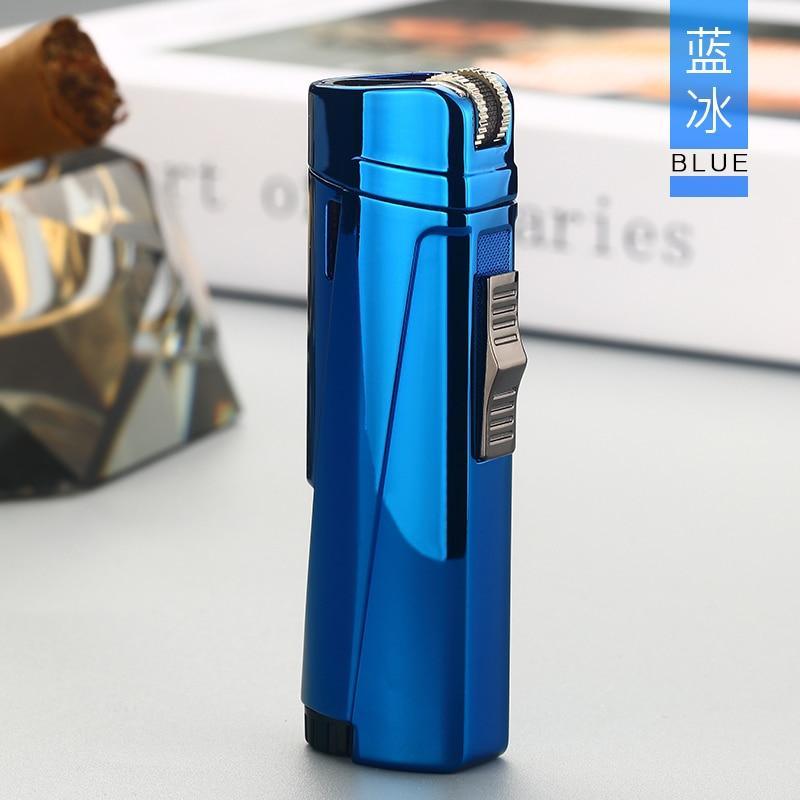 Three-torch Stevvex lighter in blue metal with side ignition lever on Tampa Home & Garden Store