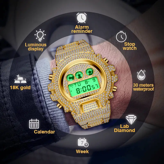 Men's Stevvex LED digital quartz gold watch with 18K finish and lab diamonds, green display on Tampa Home & Garden Store