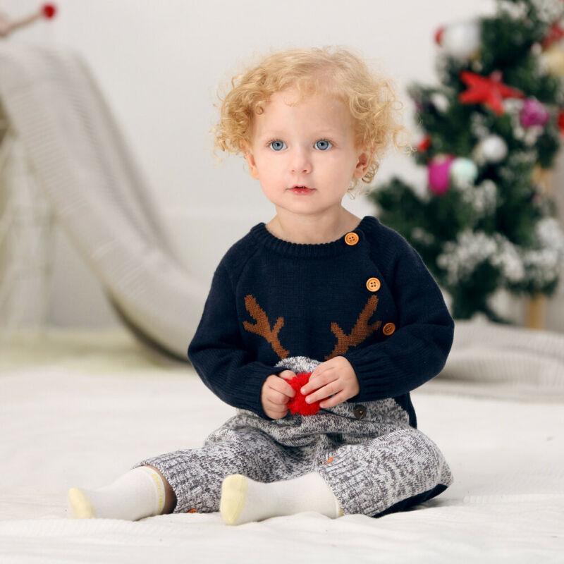 Stevvex baby Christmas reindeer knitted jumpsuit navy with brown antlers grey knit pants 0-2Y on Tampa Home & Garden Store