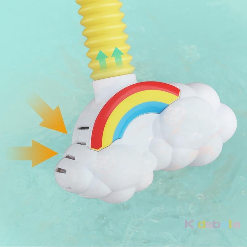 Rainbow cloud bath toy by Stevvex with yellow spiral tube and rainbow arc water spray on Tampa Home & Garden Store