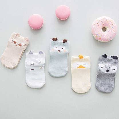 Five-pair Stevvex baby socks set in pastel animal designs, thin combed cotton mesh short newborn size on Tampa Home & Garden Store