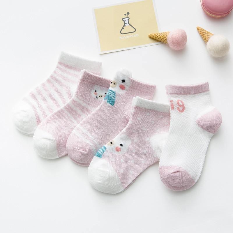 5-pair Stevvex cotton baby socks pink/white stripes and cartoon faces breathable mesh on Tampa Home & Garden Store