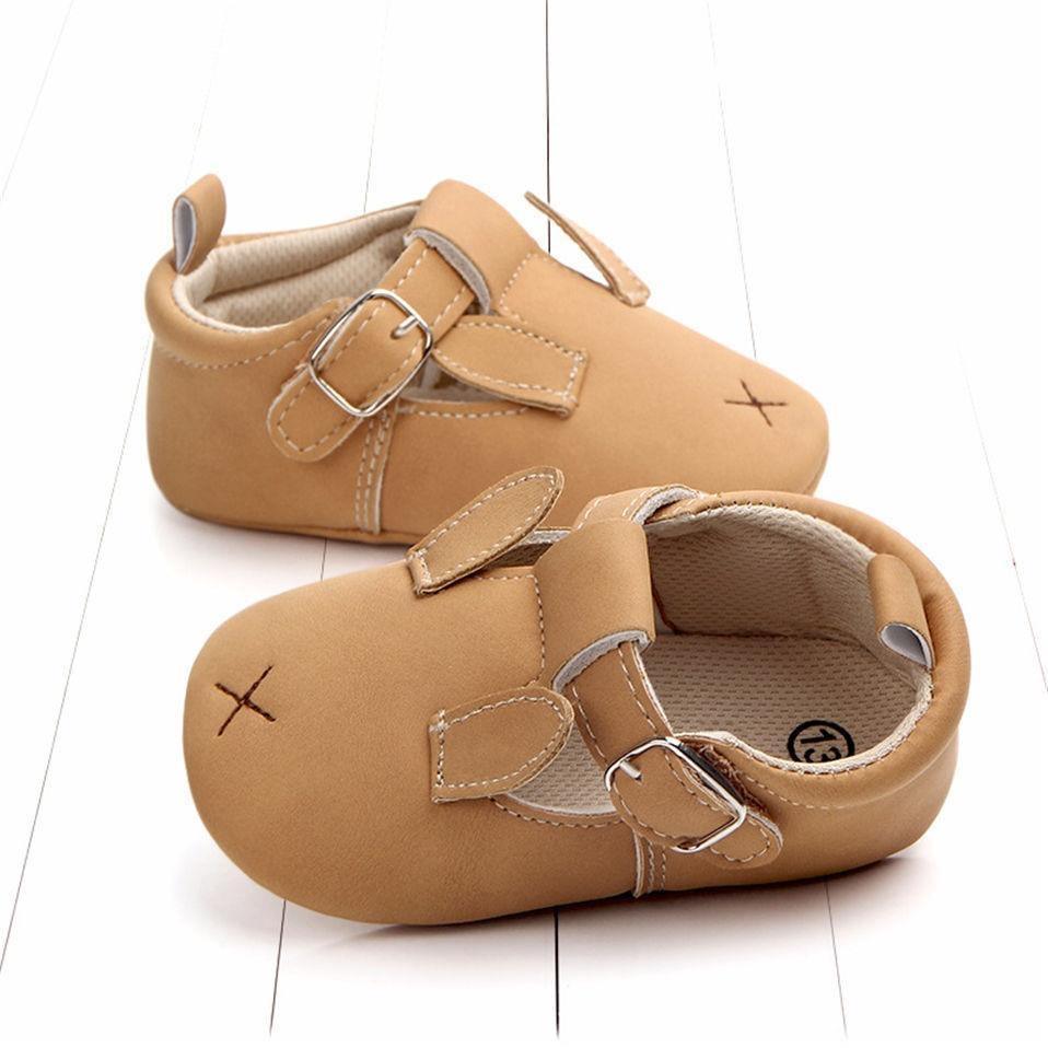 Stevvex pair of baby shoes tan faux leather with dual strap buckle, soft inner lining on Tampa Home & Garden Store