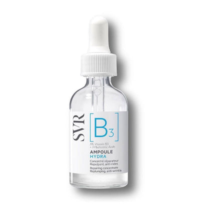 Face serum bottle SVR B3 Hydra with dropper, clear glass vial, white label with blue B3, Beauty Care Bag on Tampa Home & Garden Store