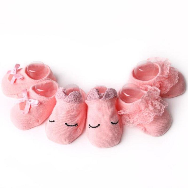 Baby girl pink cotton socks with bows and lace, five-pair set with cute face accents on Tampa Home & Garden Store