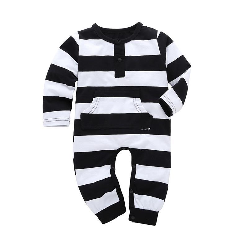 Stevvex baby romper long sleeve black and white striped jumpsuit with pocket on Tampa Home & Garden Store