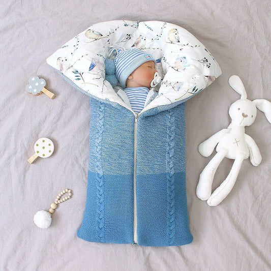 Newborn knit sleep bag by Stevvex with hood, blue swaddle blanket in stroller envelope style on Tampa Home & Garden Store