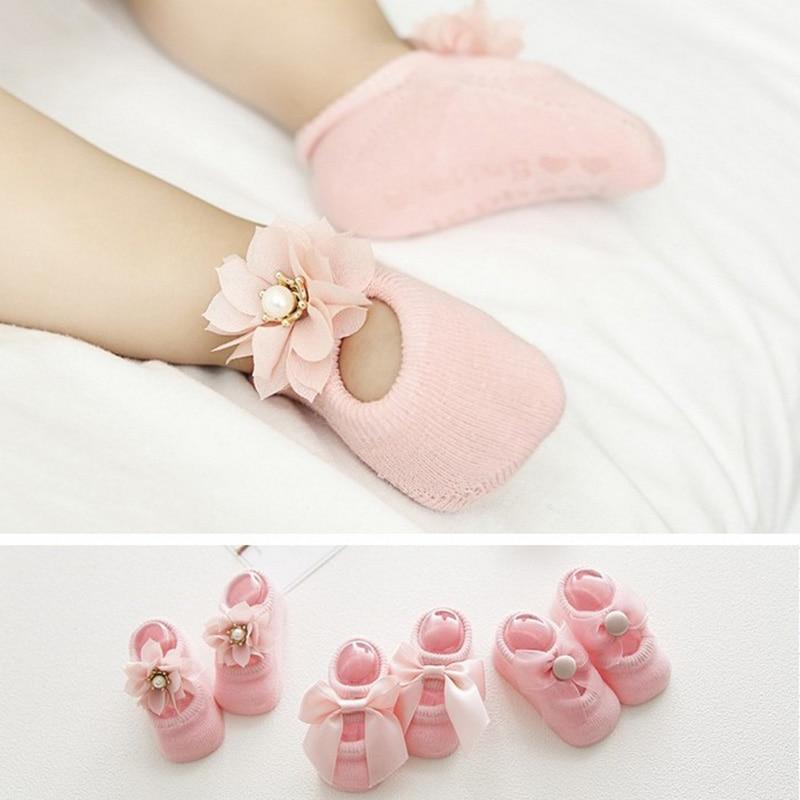 Pink baby girl anti-slip cotton socks with lace flower bow accents, Stevvex set on Tampa Home & Garden Store