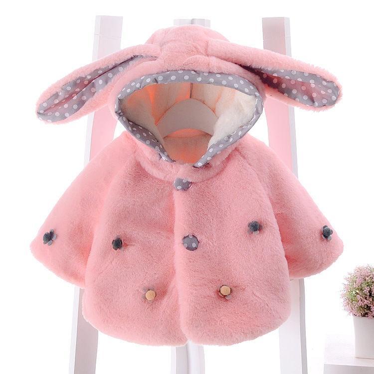 Baby pink bunny-hood fleece coat by Stevvex for babies with grey dotted lining and buttons on Tampa Home & Garden Store