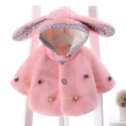 Baby pink bunny-hood fleece coat by Stevvex for babies with grey dotted lining and buttons on Tampa Home & Garden Store