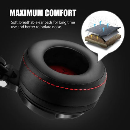 STEVVEX wired studio over-ear headphones with mic, black leatherette with red stitching on Tampa Home & Garden Store