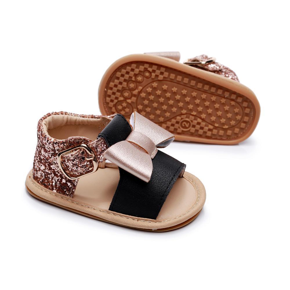 Baby girl sandals rose-gold back black strap with bowknot leather soft sole Stevvex on Tampa Home & Garden Store
