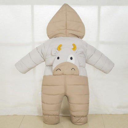 Baby winter snowsuit puffer Stevvex beige gray two-tone with animal face for babies on Tampa Home & Garden Store