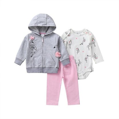 Stevvex baby cotton set grey hooded jacket with flamingo print, pink pants, flamingo romper on Tampa Home & Garden Store