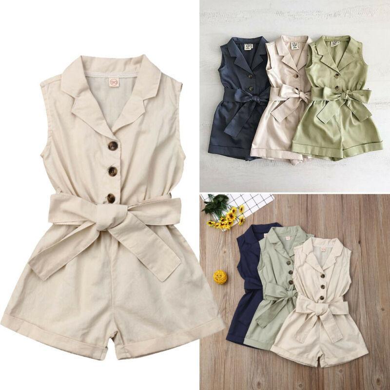Stevvex girls romper jumpsuit; sleeveless, waist belt with bow in beige; navy and olive options on Tampa Home & Garden Store