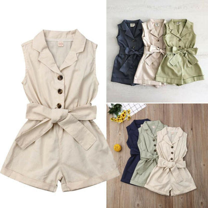 Stevvex girls romper jumpsuit; sleeveless, waist belt with bow in beige; navy and olive options on Tampa Home & Garden Store