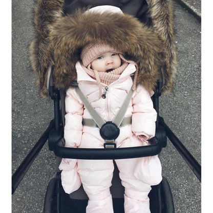 Stevvex infant pink hooded snowsuit with thick padding and fur trim in stroller on Tampa Home & Garden Store