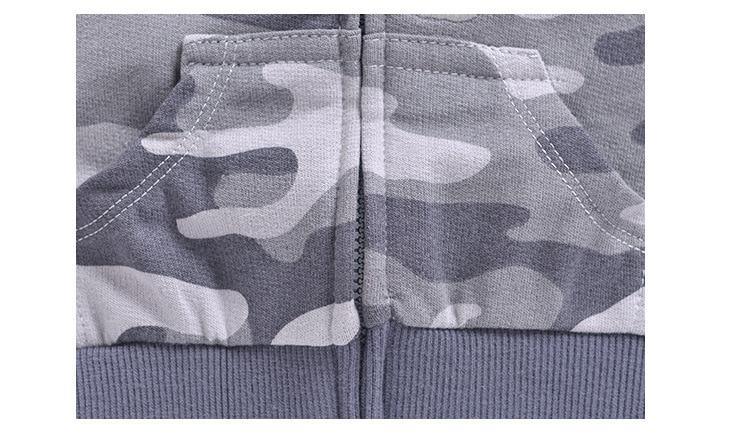 Stevvex gray camouflage baby hoodie with zip front and front pockets, cotton knit, ribbed hem on Tampa Home & Garden Store
