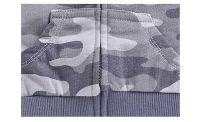 Stevvex gray camouflage baby hoodie with zip front and front pockets, cotton knit, ribbed hem on Tampa Home & Garden Store