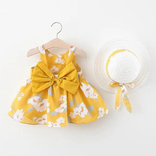 2-piece baby dress and hat set in yellow floral print with a large bow by Stevvex on Tampa Home & Garden Store