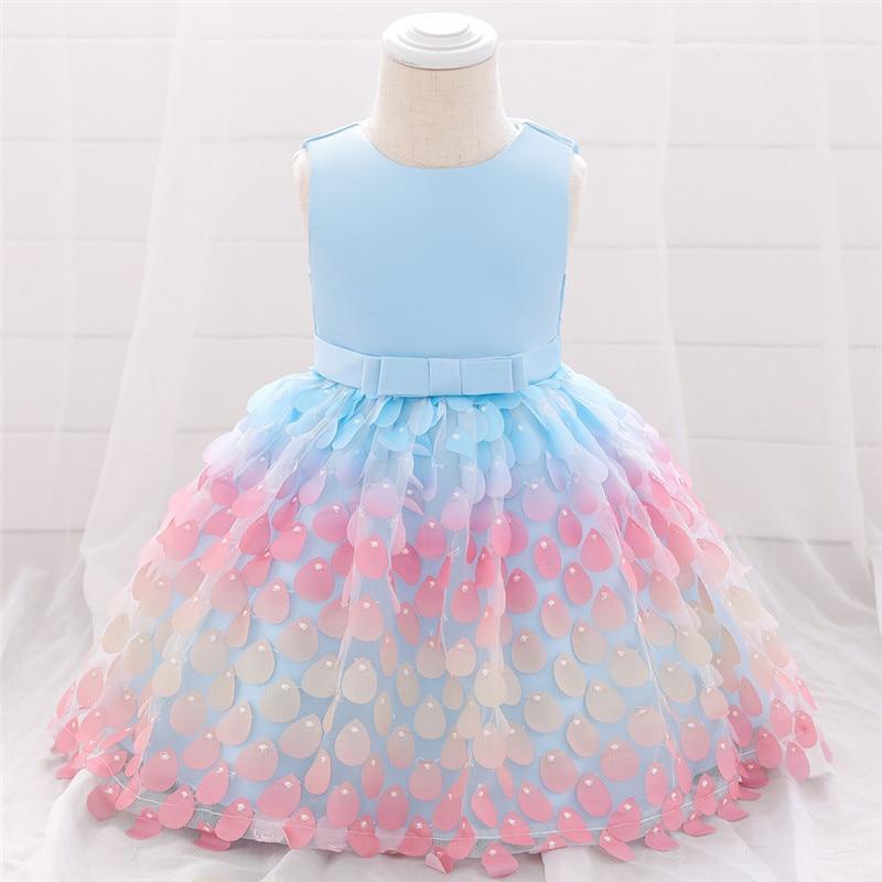 Stevvex baby girl dress with blue satin bodice and pastel petal-tulle skirt on Tampa Home & Garden Store