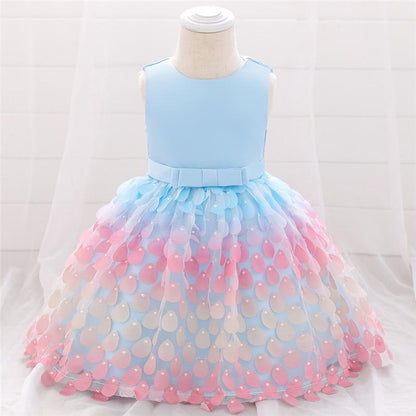Stevvex baby girl dress with blue satin bodice and pastel petal-tulle skirt on Tampa Home & Garden Store