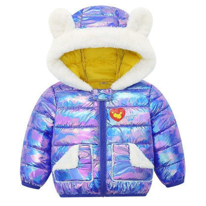 Iridescent hooded baby puffer coat by Stevvex with white faux fur trim, ears, yellow lining on Tampa Home & Garden Store