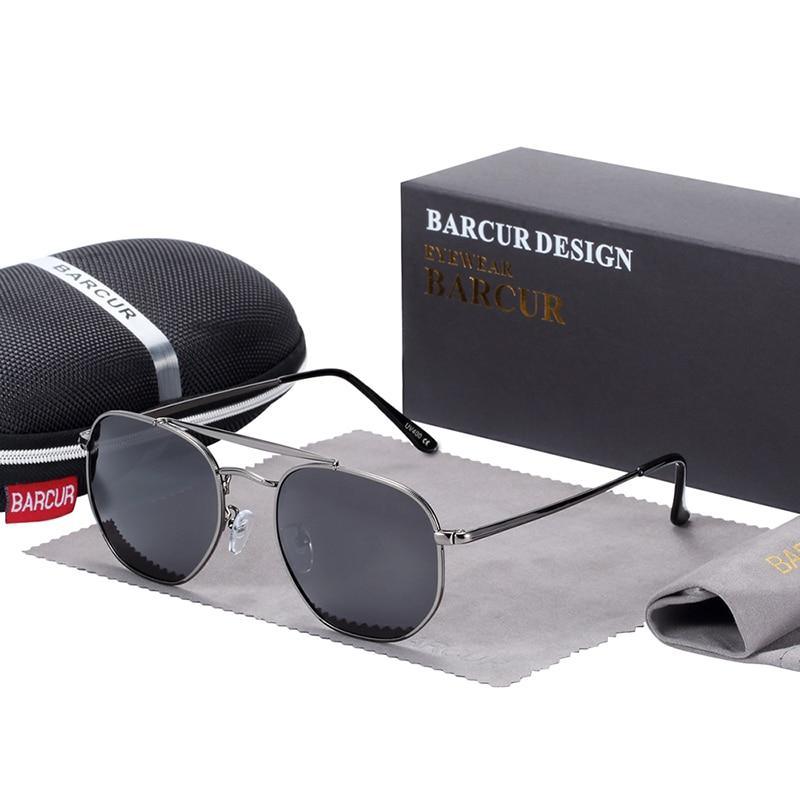 Barcur design sunglasses with silver metal frame and polarized gray lenses in a case and box on Tampa Home & Garden Store