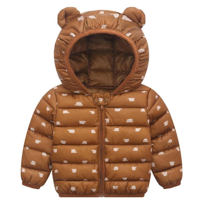Stevvex brown hooded baby puffer jacket with bear-print pattern and bear-ear hood on Tampa Home & Garden Store