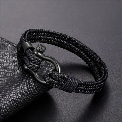Stevvex men's stainless steel anchor bracelet with black braided leather cord on Tampa Home & Garden Store