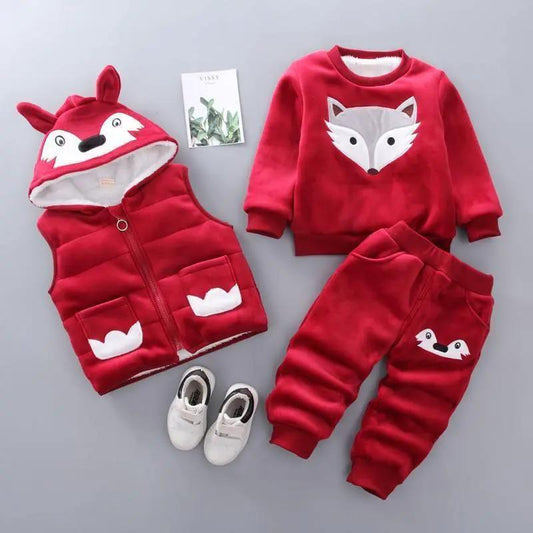 Baby three-piece outfit by Stevvex with fox-face hoodie vest, matching sweater and pants on Tampa Home & Garden Store