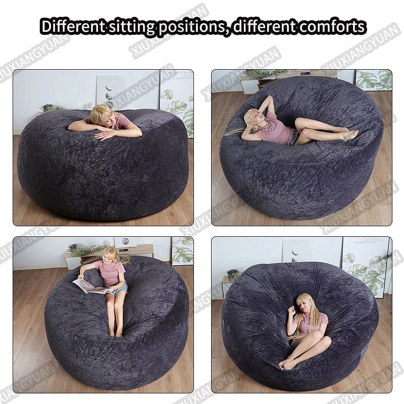 7ft large bean bag giant chair in dark grey plush fabric by DONJOHNSTYLE4URHOME, four views on Tampa Home & Garden Store