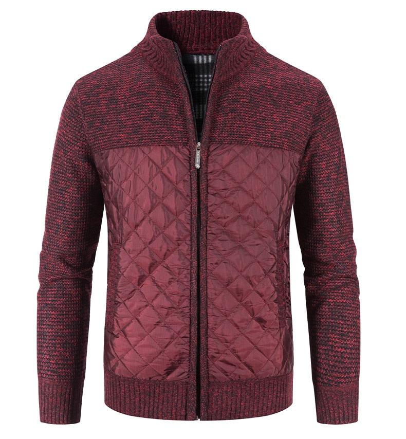 Stevvex men's burgundy quilted zip jacket with knitted sleeves and stand collar on Tampa Home & Garden Store