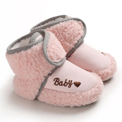 Stevvex pink newborn baby booties with fluffy plush lining and gray trim on Tampa Home & Garden Store