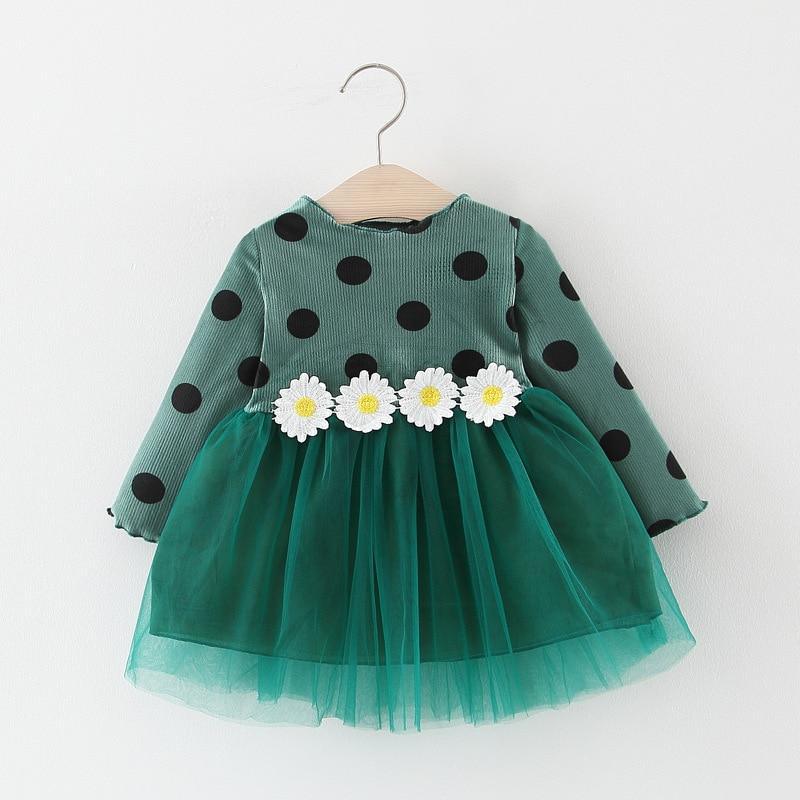 Stevvex baby dress with teal polka dot top and daisy belt, green tulle skirt on Tampa Home & Garden Store