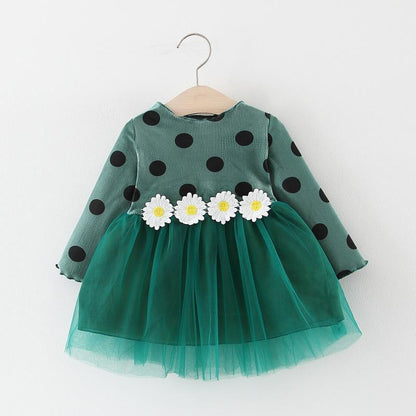 Stevvex baby dress with teal polka dot top and daisy belt, green tulle skirt on Tampa Home & Garden Store