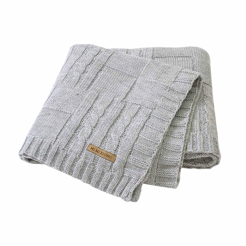 Grey knitted baby swaddle blanket with cable knit pattern, soft newborn bedding for stroller on Tampa Home & Garden Store