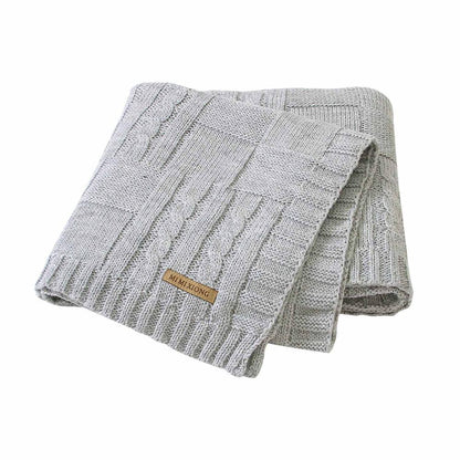 Grey knitted baby swaddle blanket with cable knit pattern, soft newborn bedding for stroller on Tampa Home & Garden Store