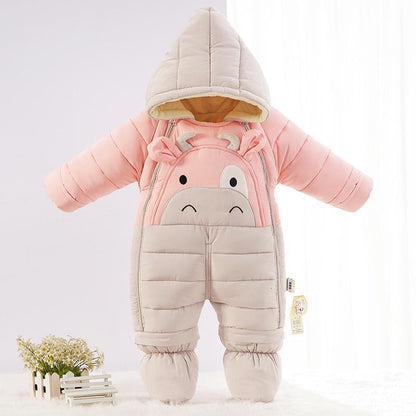 Stevvex baby pink beige puffer snowsuit with hood and cute animal-face applique for infants on Tampa Home & Garden Store