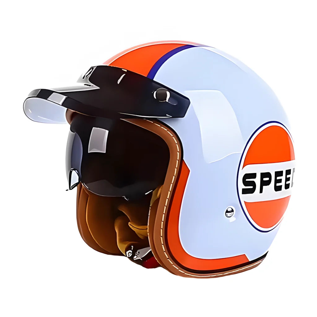 The Street King vintage open-face helmet by BikerZoneZ white/orange shell with brown interior and SPEED logo on Tampa Home & Garden Store